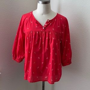 Madewell peasant top Sz S EUC red white floral print Prairiecore Cabincore